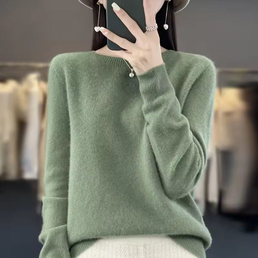 100% Merino Wool Cashmere Sweater with Neckline, Warm Pullover, New Fashion, Autumn and Winter